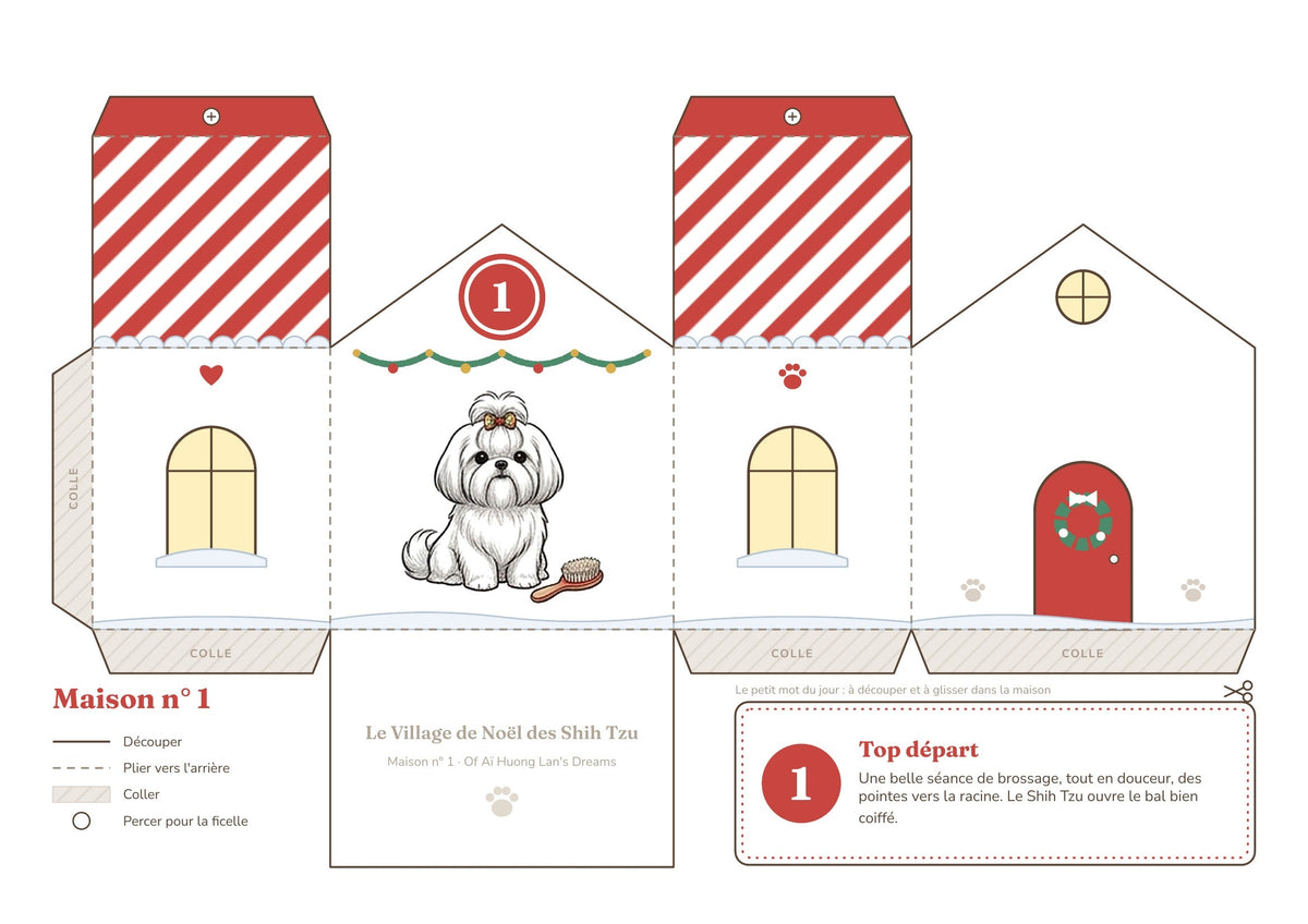 Maison n°1 à découper avec un Shih Tzu de Noël sur la façade